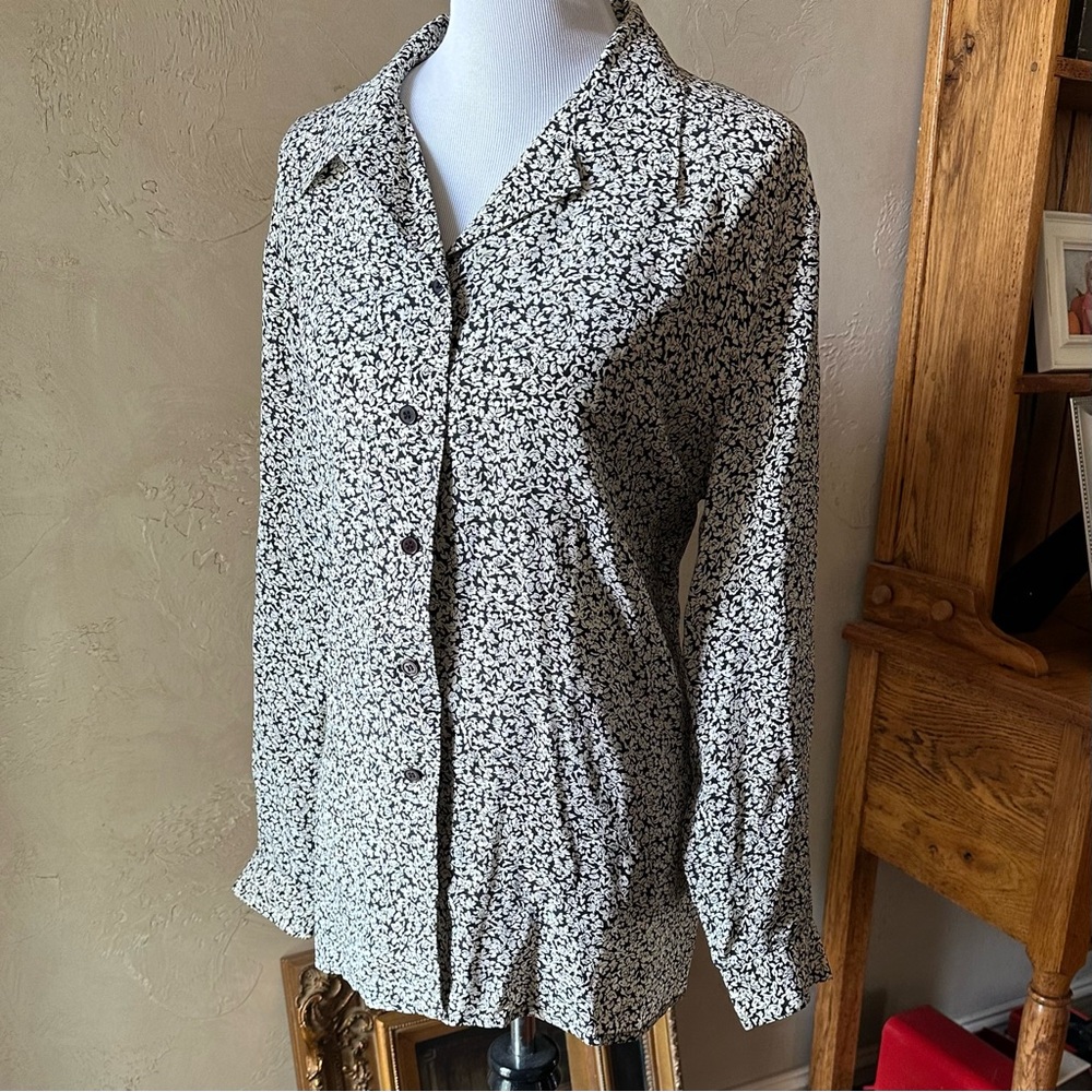 Black and White Floral Silk Blouse